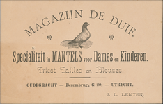711080 Reclamekaart, op de achterzijde beschreven, van Magazijn de Duif, J.L. Leijten, Mantels voor Dames en Kinderen, ...